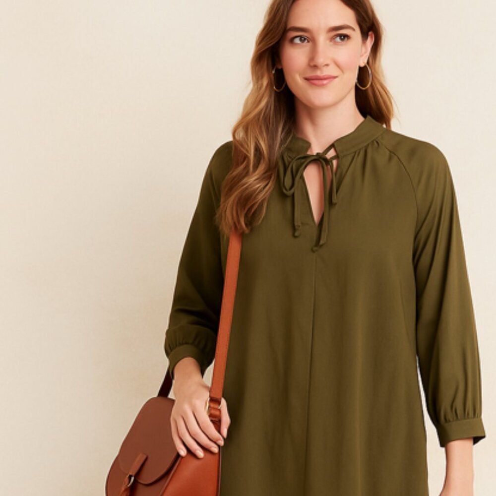 Chico's Poplin Dress with Pockets and Tie Neck Olive Army Green Size Medium - Picture 4 of 6